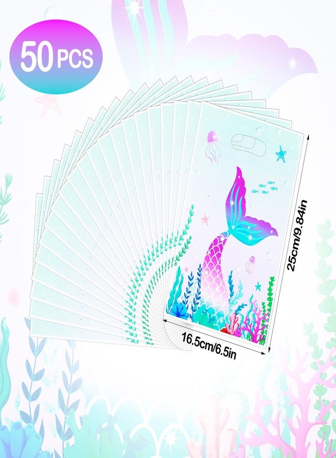 Matwsec 50 Pcs Mermaid Goodie Bags Plastic Gift Bag Christmas for Party Favor Under The Sea Goodie Bag Mermaid Tail Treat Bags with Handles for Candy Girls Kids Birthday - Image 2
